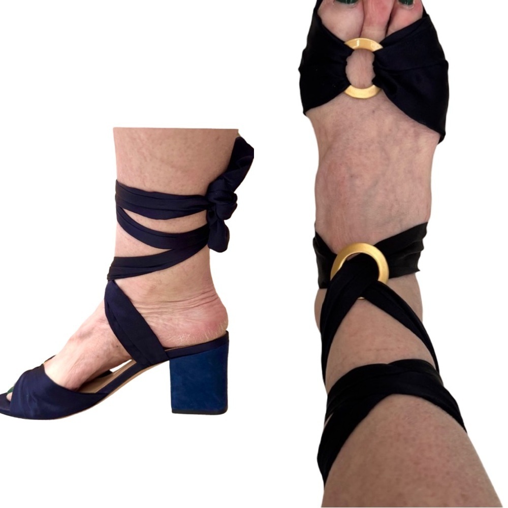 ALEXANDRE BIRMAN Alessa 60 Suede Ankle Wrap Block Sandals Navy Petrol with Gold - Picture 1 of 16